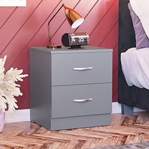 Image of Vida Designs Large Grey Bedside Cabinet, 2 Drawer With Metal Handles & Runners, Unique Anti-Bowing Drawer Support, Riano Bedroom Furniture