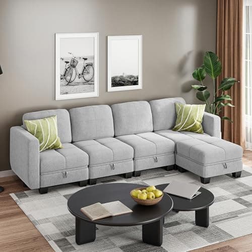 Image of Jooli H 4 Seater Sofa with Movable Ottoman, Fabric Corner Sofa with Hidden Storage and Upholstered Cushions, L-Shaped Modular Sectional Sofa for Living Room and Home Office, Light Grey