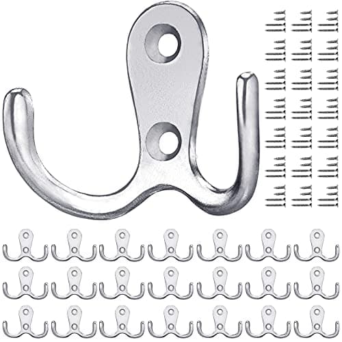 Image of Gorffy Door Hooks 20PCS, Retro Silver Double Heavy Duty Metal Coat Hook with 80 Screws for Hanging, Robe, Towel, Coat, Bag & Hat (Silver, 20PCS)
