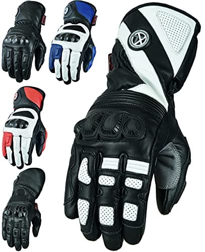 Image of Texpeed Motorcycle Mens Leather Riding Gloves Motorbike Moped Biker Breathable Armour Protection White & Black - M