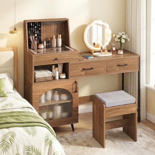 Image of COSTWAY Dressing Table with 3-Color LED Lights Swivel Mirror and Stool, Makeup Table Vanity Desk with Charging Station, Glass Top, 3 Drawers, 120 Ring Slots, 10 Necklace Hooks & Side Cabinet (Natural)