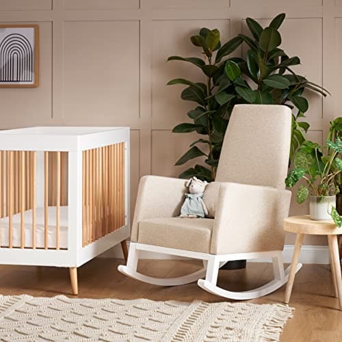 Image of Obaby High Back Rocking Chair – White Wooden Nursing Chair with Oatmeal Cushions – Nursery & Feeding Chair