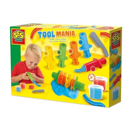 Image of SES Creative 00504 Dough Tool Set - Creative Play Kit for Kids Aged 2+ - Includes Toolsr - Washable and Gluten-Free Dough in Red and Blue - 2 Pots