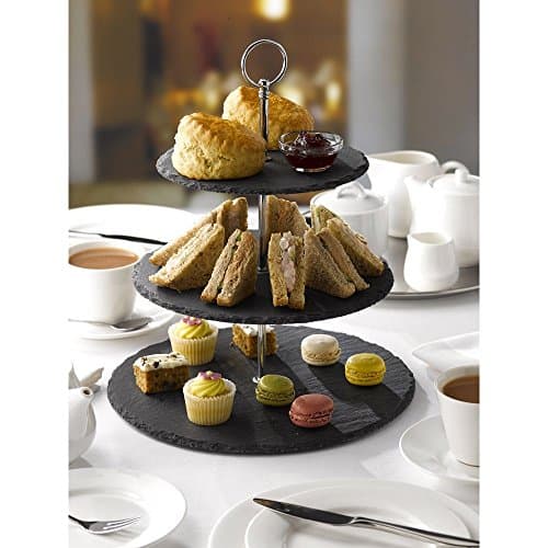 Image of ARIANA HOMEWARE 3 Tier Cake Stand - Natural Slate | Sturdy Afternoon Tea Stand to Display a Cake, Sandwich, Cupcake & Buffet Food Platters | Serving Platter for Weddings, Birthdays & Christmas | Black