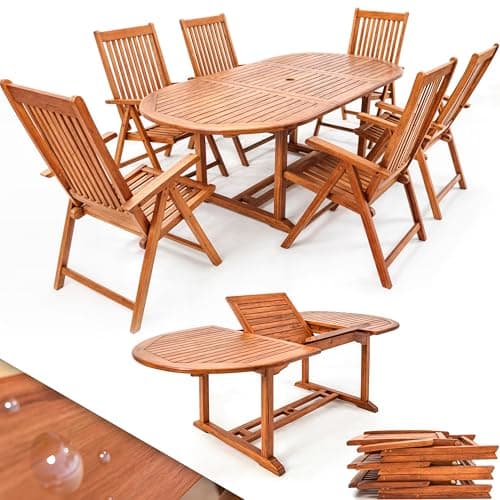 Image of CASARIA® Wooden Garden Dining Table and Chairs Set | FSC® Certified Eucalyptus Wood | Weatherproof Outdoor Patio Conservatory Oval Solid Furniture | 6 Seater