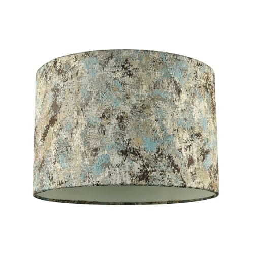 Image of Chic Graphic Designer Jacquard Round Drum Lamp Shade in Teal Cream and Taupe Colours | 30cm x 20cm | Pale Cream Inner Lining by Happy Homewares