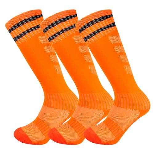 Image of Marchare Boys Soccer Socks Toddler Athletic Socks 10-14 Years Knee High Striped Football Socks For Boys Girls Orange 3 Pairs