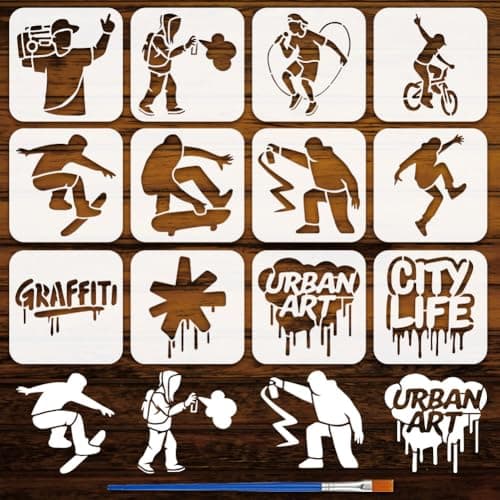 Image of FINGERINSPIRE 12PCS Street Graffiti Painting Stencil with Paint Brush 15x15cm People Silhouette Template Bike Loudspeaker Skateboard Words Stencil Graffiti Theme Template for Painting on Wood