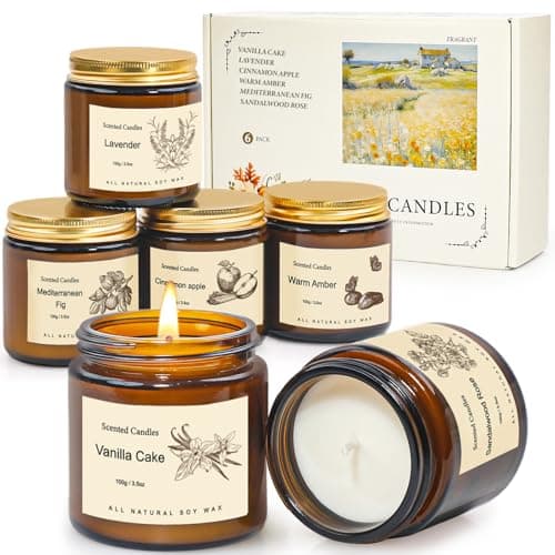 Image of Aromatherapy Candles in Glass Jars with Cinnamon Apple,Vanilla Cake,Lavender,Amber Scented Candles Gifts for Women Soy Wax Candle for Staff,Couples,Mum,Friend Thank You Candle Female Present Ideas
