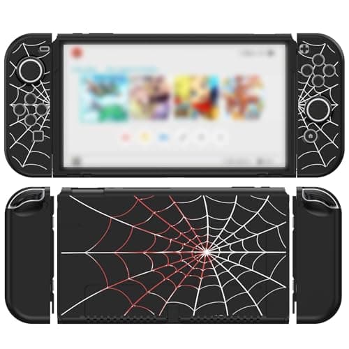 Image of JINGDU Protective Case Compatible with Nintendo Switch OLED 2021, TPU Case Accessory for Switch Console and Grip Joy-Con, Switch Protector with 4 Thumb Grips, Black Spider Web