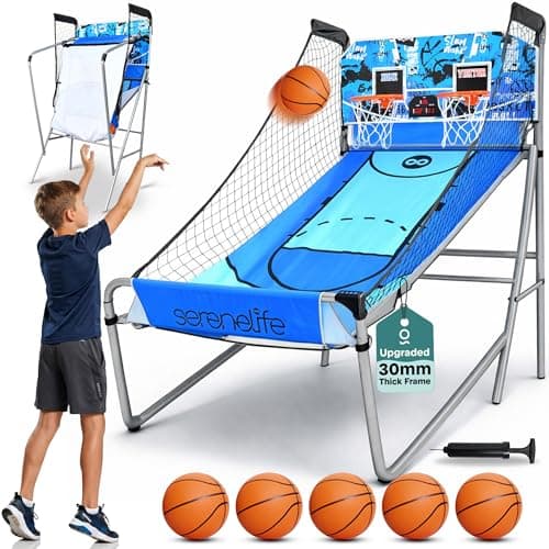 Image of SereneLife Basketball Arcade Game, Foldable Dual Shot Basket Ball Hoop Game, Outdoor Sport Indoor Home Arcade Room w/ Digital LED Scoreboard & Play Timer, Electronic Shooting Machine for Kids & Adults