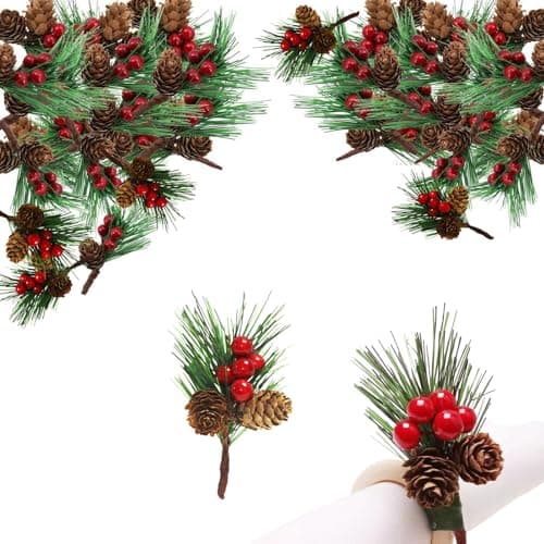Image of 12 Pcs Artificial Pine Picks Christmas Pine Needles with Red Berries Pines Cones,Christmas Artificial Pines Cones Berry Stems Decor Bouquets for Craft,Garden,Xmas Flower Arrangements Wreaths Decor