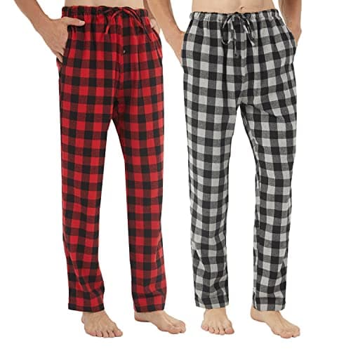 Image of LANBAOSI Mens Pyjama Bottoms Cotton 2 Pack Flannel Plaid Lounge Pants with Pockets Drawstring Soft Pjs Trousers Check Loungewear