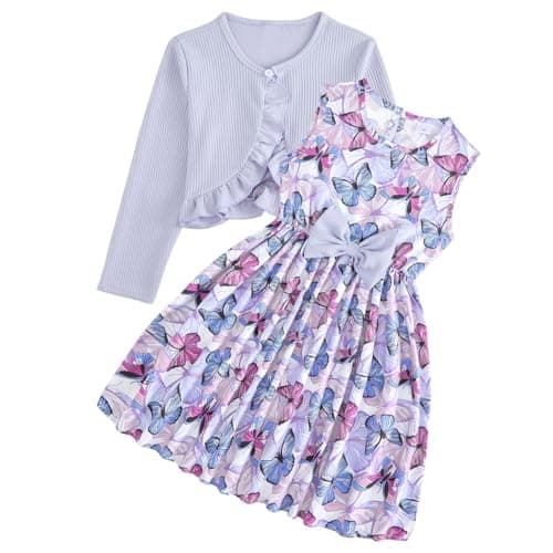 Image of JiAmy Girl Dress and Cardigan Sets 2Pcs Toddler Butterfly Floral Print A-line Dresses with Long Sleeve Coat Kids Casual Spring Summer Clothes for Girls 3-4 Years Purple Butterfly