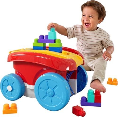 Image of MEGA BLOKS First Builders Toddler Building Toy, Block Scooping Pull Wagon with 20 Pieces and Built-In Storage, Picks Up Blocks, Red, Kids Ages 1+, JFR30