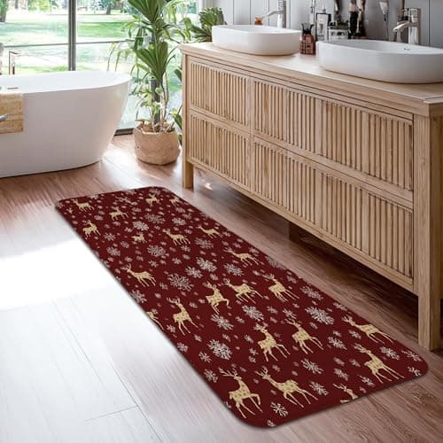 Image of Reindeer Runner Rug, Christmas Festive Snowflakes Stars Christmas Burgundy Non-Slip Soft Rectangle Carpet Stain Resistant for Kitchen Laundry Room Doorway Entryway Decor 2x6 Ft