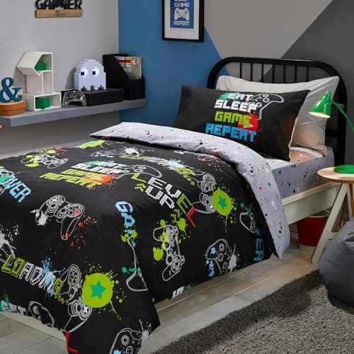 Image of Bedlam Black Gaming Duvet Cover Single Size (140x200cm) – Glow in the Dark Reversible Bedding – 2 Pillowcases – Gamer Bedroom Accessories – Video Game Theme