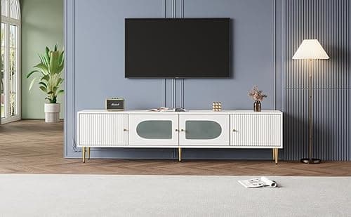 Image of Qingta 170cm White TV Unit with 4 Doors and Glass Display Cabinets, Modern TV Stand with Metal Legs, Media Storage Cabinet for 70 Inch TV, Entertainment Centre for Living Room