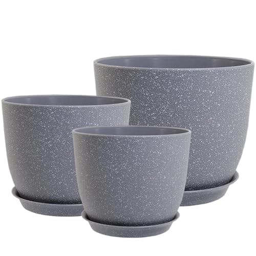Image of PROFIKLA 20cm, 18cm, 16cm Plastic Plant Pots, Plant Pots with Drainage Holes and Saucers, A Set of 3 Flower Pots, Modern Decorative Planters, Grey Speckles