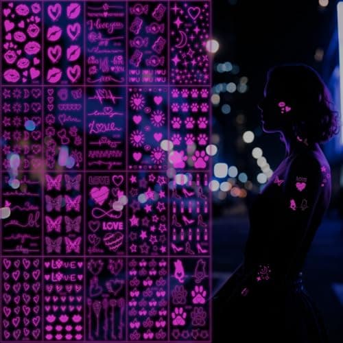 Image of Xmasir UV Neon Temporary Tattoos, 387 Pcs Valentines Pink Tattoo Stickers Heart Shaped Fake Waterproof Glow In The Dark Tattoos for Girls and Women Body Face Art Halloween Party