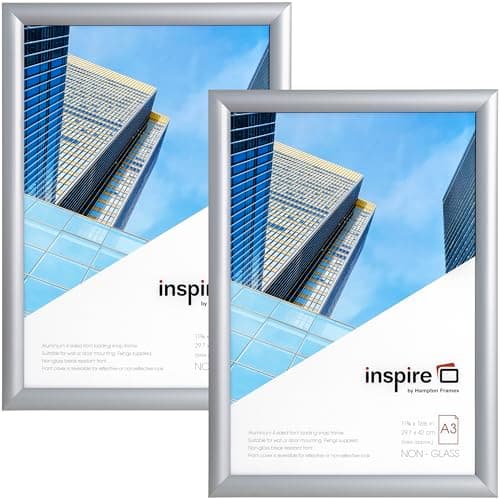 Image of inspire by Hampton Frames | Snap Frame Pack of 2 | A3 (30x42cm), Silver, Rectangular, Acrylic Front | Easy Change, Wall Mountable, Lightweight | Display Posters and Certificates