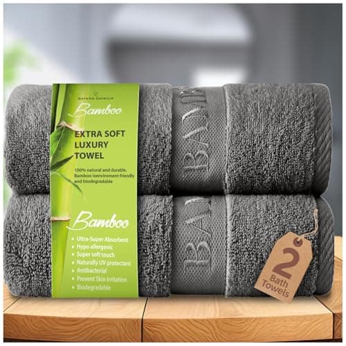 Image of GC GAVENO CAVAILIA Large Bath Towel Bamboo Towels 2 Pack (70x120cm) - Highly Absorbent Quick Dry Towels (40% Cotton, 60% Bamboo) - Washable Bathroom Towel Charcoal - 500 GSM