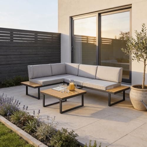 Image of Home Source Garden Furniture Patio Set, Corner Sofa Seating, Table and Side Tables, Grey
