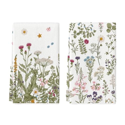 Image of Artoid Mode Antique Leaves Wild Flowers Spring Kitchen Towels Dish Towels, 42x65 cm Seasonal Polyester Decoration Hand Towels Set of 2