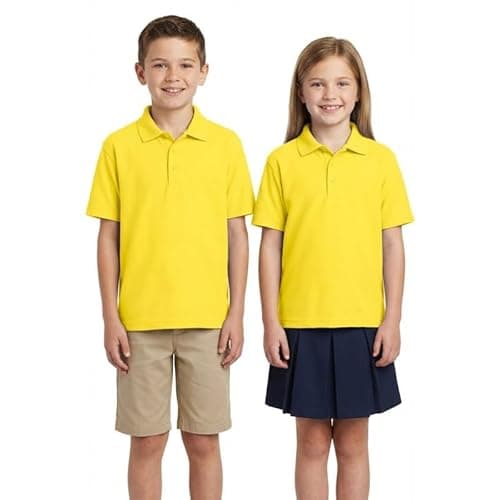 Image of Kids Polo Shirt Boys Girls School Uniform Plain Short Sleeve Cotton Polycotton Childrens T-Shirt PE Sports Top Back to School Yellow 7-8 Year