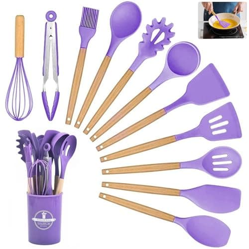 Image of Kitchen Utensil Set, 12 PCS Silicone Cooking Utensils Set with Wooden Handle, Heat Resistant, Nonstick Cookware Tongs Spatula Spoon Set, Silicone Kitchen Utensils Set Suitable for Kitchen(Purple)