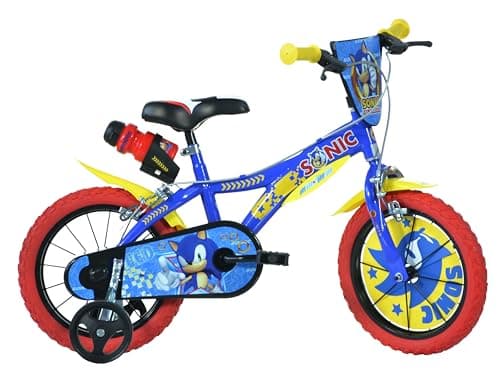 Image of Dino Bikes, 616-SC Kids Bike Bicycle, Sonic The Hedgehog, 16 inch with training wheel with stabilisers and drinks bottle, suits child 5-8 Years, Blue, Yellow, Red