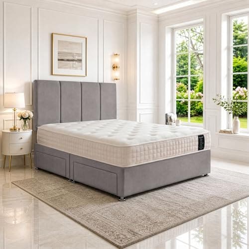 Image of SANA SLEEP Small Double Divan Bed with Orthopedic, Posture Support, Multi-Layer Pocket Sprung Mattress, Headboard & 2 Storage Drawers – Plush Silver Fabric, 4FT UK Made, Bedroom, Guest & Kids’ Room