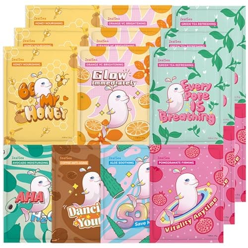 Image of ZealSea Sheet Mask Face Mask Skin Care (Pack of 21) Beauty Facial Mask Kids Spa Face Mask Birthday Party gifts Women, kids Girls Skincare - Hydrate, Brighten, Moisturize,Soothe for All Skin Types