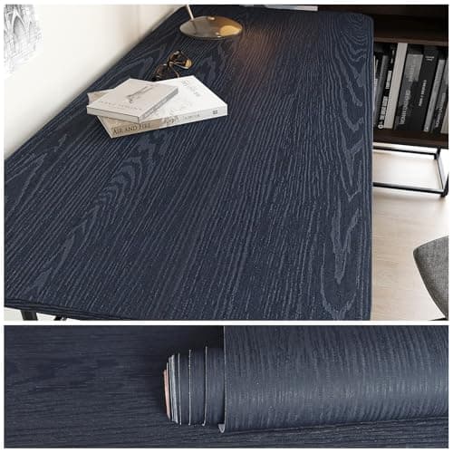 Image of VEELIKE Thick Navy Blue Wood Wallpaper Self-Adhesive Dark Blue Wood Effect Contact Paper for Furniture Sticker Vinyl Wrap for Kitchen Cupboards Waterproof Bedroom Sticky Back Plastic Roll 40CMx300CM