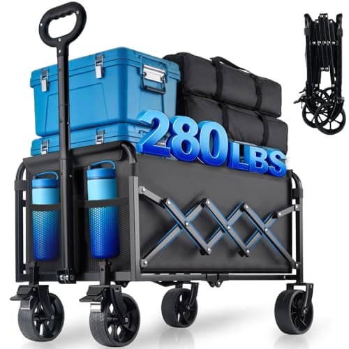 Image of 120L Festival Trolley on Wheels with Brakes - Folding Wagon Cart, Heavy Duty Camping Trolley Foldable with Adjustable Handle, Lightweight Pull Along Trolley on Wheels for Beach Camping Garden Shopping