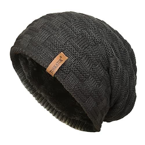 Image of TOSKATOK® Mens Unisex Warm Winter Textured Knit Thermal Insulation Slouch Beanie hat with Cosy Faux Fur Teddy Fleece Liner-Grey