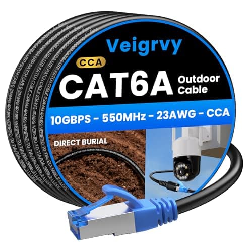 Image of Veigrvy Cat 6A Outdoor Ethernet Cable 15m, Direct Burial Water Resistant LLDPE UV Jacket, High Speed 23AWG 10Gbps Gigabit Internet Network LAN Cable - CCA, UTP, 550MHz with 20 Ties Black