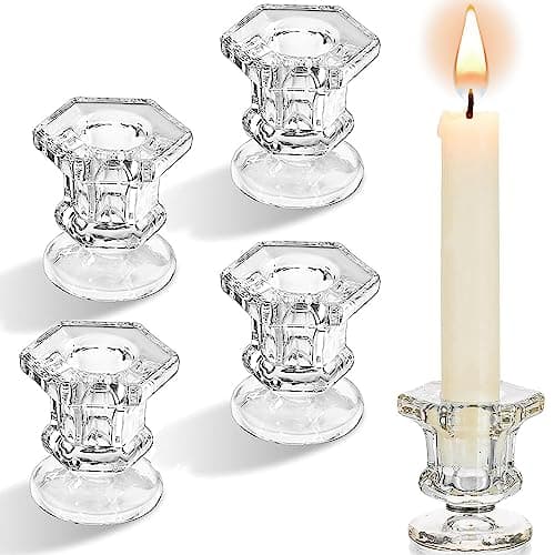 Image of Clear Glass Candle Holder Set of 4- Aongray Taper Hexagonal Candlestick Holders for Wedding, Festival, Party &Table Decoration