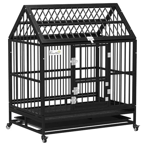 Image of PawHut 43" Heavy Duty Dog Crate, Indoor Outdoor Dog Cage on Wheels with Locks, Removable Tray, Openable Top, 2 Doors, for Large and Extra Large Breeds - Black