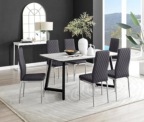 Image of Furniturebox UK Carson White Marble Effect Dining Table & 6 Grey Velvet Milan Chairs
