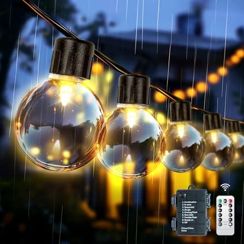 Image of aurogeek Outdoor String Lights Battery Operated: 9m/30ft LED with 12 G40 Plastic Bulb Hanging Festoon Fairy Light Remote Waterproof for Garden Decorative Cafe Patio Pergola Indoor