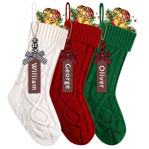 Image of Emwel 3pcs Christmas Stockings, 18 Inch Large Knit Christmas Stockings Personalized Xmas Hanging Stocking Decorations with Name Tags for Christmas Fireplace Tree Decorations