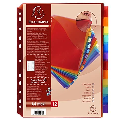 Image of Exacompta - Ref 4844E - PP Document Dividers - Suitable for Use With A4+ Documents, Made from Polypropylene, Pre-Punched & Pre-Printed - 12 Part Dividers - Multicoloured