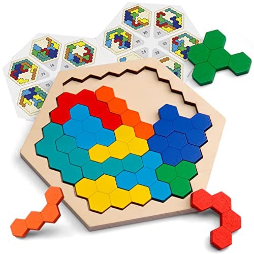 Image of Coogam Wooden Hexagon Puzzle - Shape Block Tangram Brain Teaser Toy Geometry Logic IQ Game STEM Educational Gift for All Ages Challenge
