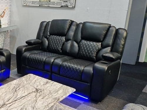 Image of Orlando - Electric Recliners Sofa With Cupholders - 3+2 Seater Sofa Grey/LED Lights/Wireless Charging (Black, 2 Seater)