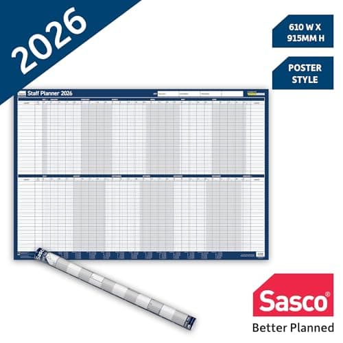 Image of Sasco 2026 Staff Year Wall Planner – Poster Style Calendar with Wet Wipe Pen & Stickers, 91.5x61cm, Blue – Track Staff Availability – Practical for Workforce Planning