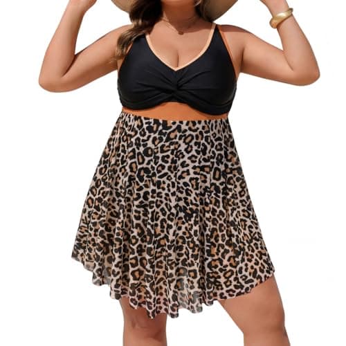 Image of Hanna Nikole A-Line Swimsuit Women Plus Size Beachwear Tummy Control Swim Dress One-Piece Swimwear Leopard Print 16