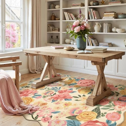 Image of HUGEAR Beige Rugs Living Room Washable Flower Area Rug 120x170cm Floral Non Slip Modern Boho Natural Large Carpet Bedroom Lounge Office Kitchen Hall Dining Room Low Pile Soft Carpets