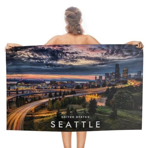 Image of sinyumoney Seattle Skyline at Sunset Beach Towels Lightweight Great Quick Dry Swimming Towel Perfect for Athletes Training Outdoors 130 X 80 Cm