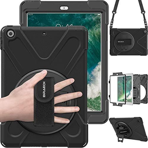 Image of BRAECN Case for iPad 6th 2018 / iPad 5th Generation 2017 9.7 inch, Heavy Duty Shockproof Rugged Case with Rotating Hand Strap/Stand & Shoulder Strap for Protective Cover A1893/A1954/A1822/A1823, Black